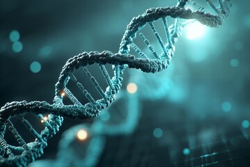 Close-up of a detailed 3D rendered DNA strand against a blurred teal background, concept for genetic research, biotechnology, and medical science presentations