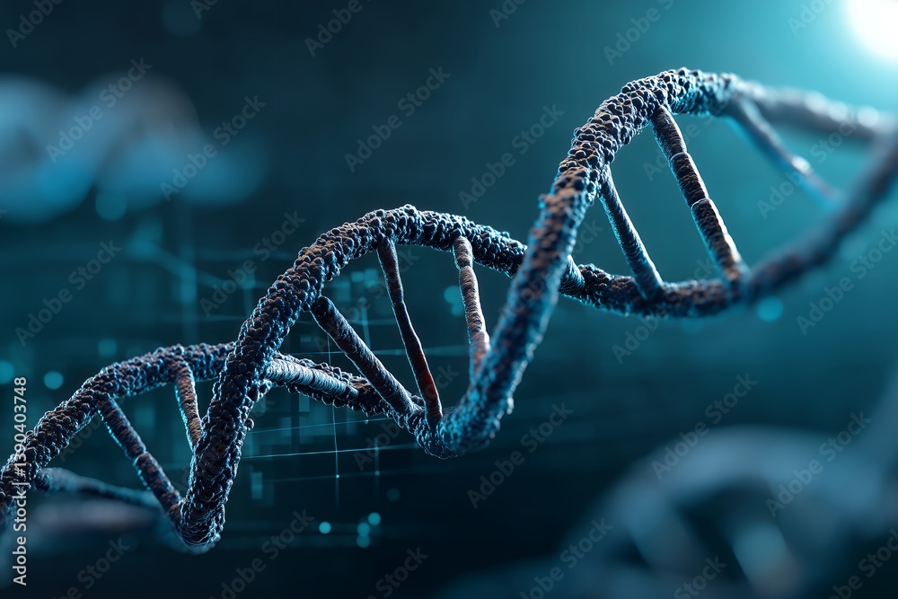 Wall mural close-up detailed 3d render of a dna double helix against a dark teal background with subtle grid ov