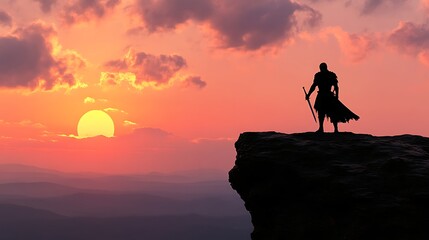 Sword wielder mountain peak fiery golden sky bold picture