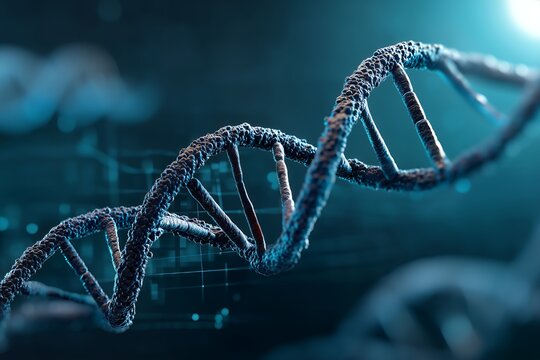 Close-up detailed 3D render of a DNA double helix against a dark teal background with subtle grid overlay, concept for scientific research, genetic engineering, and biotechnology presentations