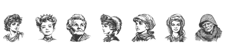 Vintage Portraits Of Diverse Individuals Across Ages. Illustrating Historical Fashion And Expressions In Hand Drawn Sketch Style. Isolated Vector Illustration
