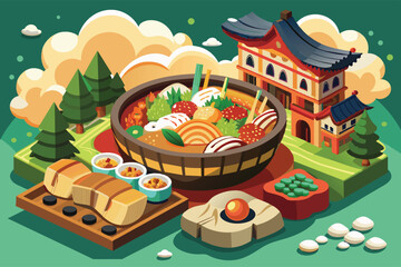 A colorful illustration depicting a bowl of Asian cuisine served outdoors, with traditional buildings and green trees in the background.