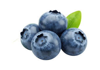 Obraz premium A close up view of a small pile of four blueberries with a single green leaf isolated on transparent background