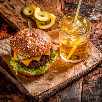 cheeseburger and lemonade with ice on the table, on craft paper, quick snack
