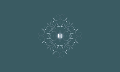 Luxury badge logo monogram with initial letter U. Floral decorative style illustration for sticker and label design, poster, greeting card, advertising business company or brands