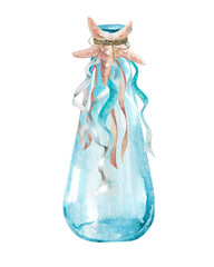 Tall blue glass vessel, flower vase with tied starfish and satin ribbons hand drawn watercolor