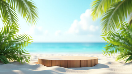 Fototapeta premium wooden empty podium sits beach palm leaves surrounding realistic