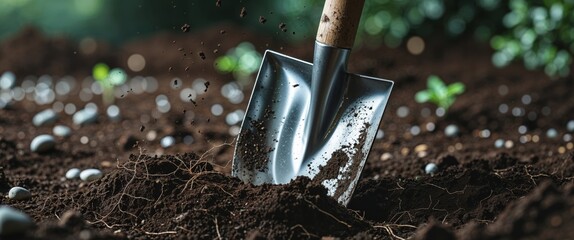 Shovel digging into rich soil for gardening.
