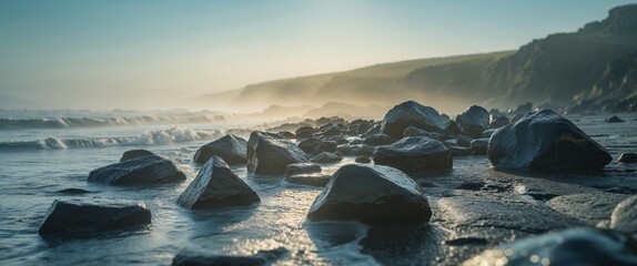 Obraz premium Shiny black rocks glisten in the sunlight along a rugged coastline near the ocean's edge.