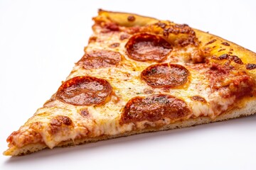 Delicious Pepperoni Pizza Slice - A single slice of pepperoni pizza, showcasing melted cheese, savory pepperoni, and a crispy crust. Represents indulgence, comfort food, Italian cuisine