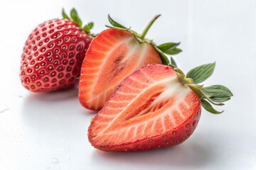 Two halved strawberries on a white background. (Strawberry)