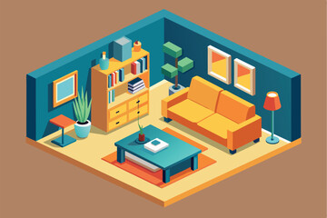 An illustration of a modern living room with blue walls and yellow furniture, including a couch, coffee table, bookshelf, and plants.