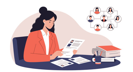 Recruitment and Analysis: A recruiter thoughtfully reviews resumes, illustrating the critical process of evaluating potential candidates for a new hire, within a structured organizational framework.