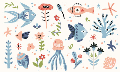 Folk hygge ocean clip arts, hand drawn vector set in Scandinavian Nordic style, isolated on white. Collection of classic ethnic elements. The scandi folk motifs - fishes, flowers, and sea animals