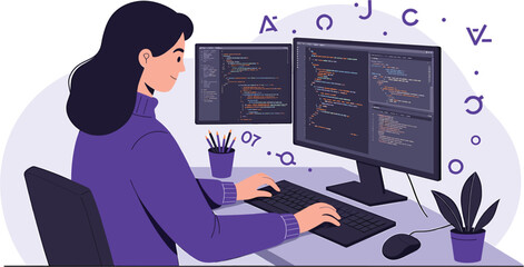 The Digital Architect: A focused professional, engrossed in her work. The screen displays the intricate code, symbolizing the essence of her tasks, reflecting the intelligence and dedication.