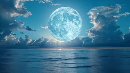 Background with a large moon over a calm sea and cloudy sky. Suitable for relaxation videos, meditation, as well as for advertising tourist destinations or spa services.
