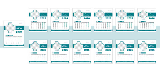 Monthly calendar template for 2026 year. Wall calendar in a minimalist style. Week Starts on Sunday.