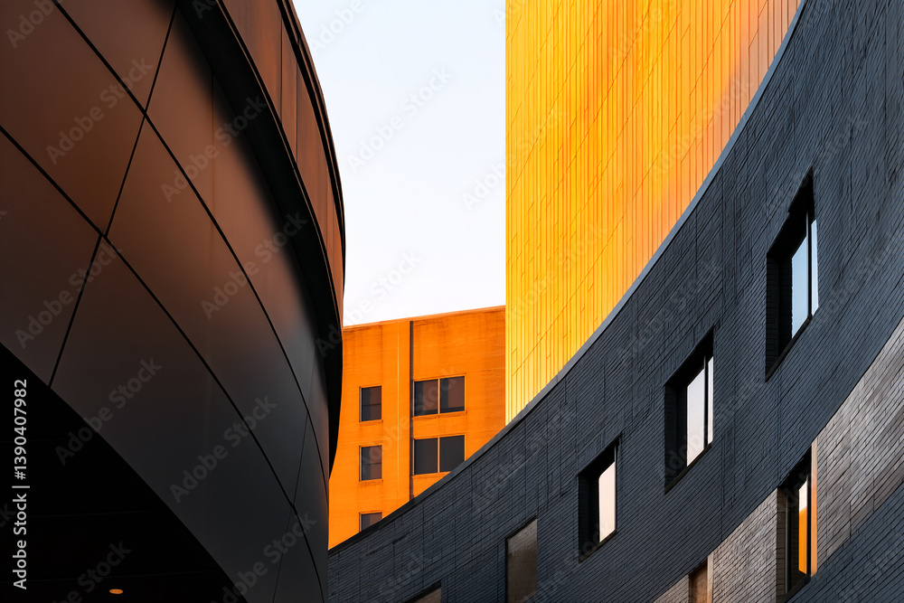 Poster abstract image of three building sections: dark brown curved wall, bright orange wall, and dark gray