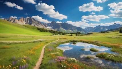 Obraz premium Illustration of a serene countryside landscape featuring a clear pond in the foreground