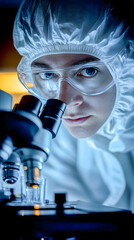 Scientist wearing protective suit and glasses using microscope in laboratory