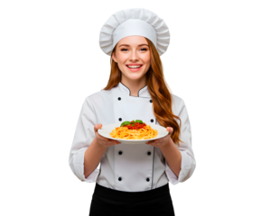 Happy chef holding a plate of delicious pasta.