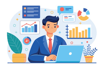 Fototapeta premium A businessman sits at a desk, looking at a laptop screen. Around him are charts and graphs, representing his business data.