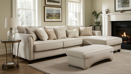 Fototapeta premium Modern Living Room with Long Sofa and Fireplace