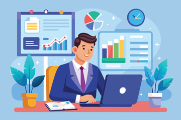 An illustration of a smiling businessman working on his laptop at his desk in an office, surrounded by charts and graphs.