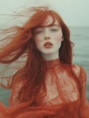 Portrait of a beautiful girl with long red hair on the beach.