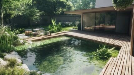 Serene Garden Oasis with Calm Water Reflection and Modern Architecture Surrounded by Lush Greenery