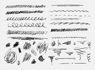 Set of black various brush strokes. Dirty wavy lines, underlines, doodles, handwriting, spots, random scribbles drawn with ink pen or pencil. Vector illustration isolated on white background.