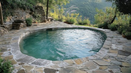 Serene Outdoor Round Pool Surrounded by Lush Greenery with a Scenic Mountain View