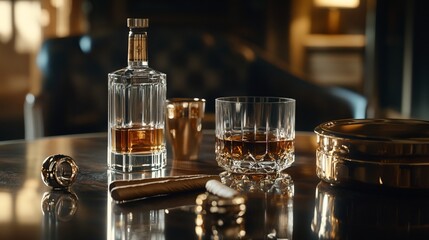 Refined indulgence, whiskey decanter and cigar on a polished wooden surface