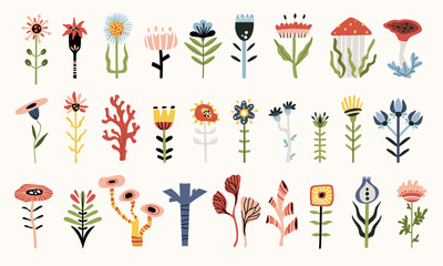 Folk hygge ocean clip arts, hand drawn vector set in Scandinavian Nordic style, isolated on white. Collection of classic ethnic elements. The scandi folk motifs - corals, flowers and seaweeds