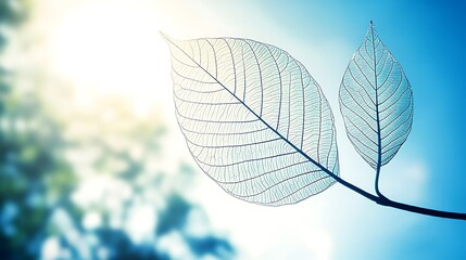 Delicate leaves backlit by sun in a blurred forest background