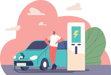 Man charging electric car vector illustration