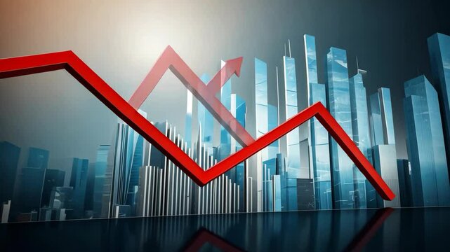 Animated business chart with financial trend showing decrease against city backdrop