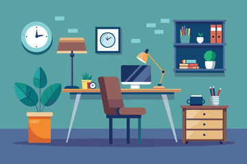 A cartoon illustration of a modern home office featuring a desk with a computer, chair, lamp, and plants.
