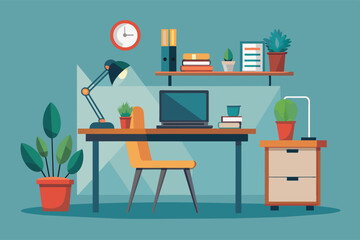 Fototapeta premium A modern home office desk with a laptop, desk lamp, plants, and a file cabinet.