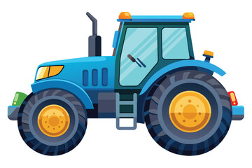Obraz premium A blue tractor with large yellow wheels is isolated on a white background. The tractor has a ladder on the side and a single exhaust pipe.