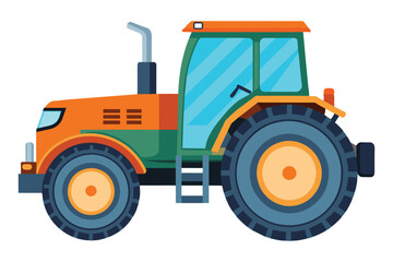 Obraz premium A cartoon image of an orange and green tractor with large wheels, seen from the side.