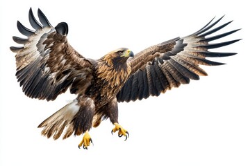 Obraz premium Majestic Golden Eagle in Flight - A stunning golden eagle with wings outstretched, isolated on a white background. Perfect for wildlife, nature, or freedom themes