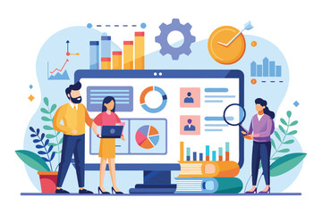 3 colleagues analyze graphs/charts on a computer screen, focusing on business analytics. They work together to draw conclusions from the data.