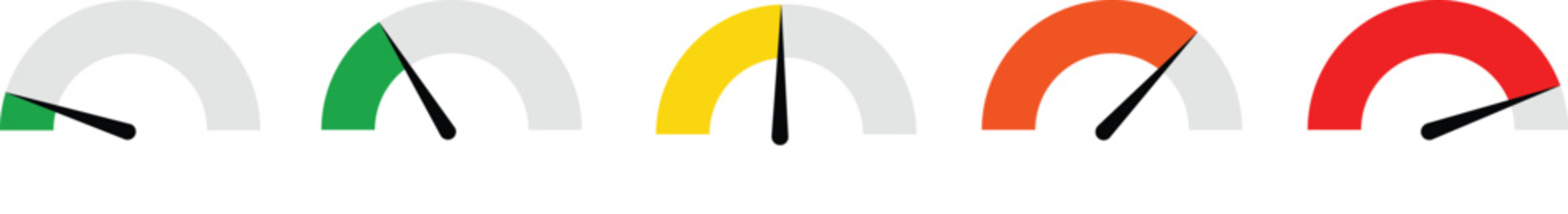 Dashboard colorful speedometer icons set. Tachometer icon isolated. Performance indicator sign. Car speed. Fast internet speed sign.