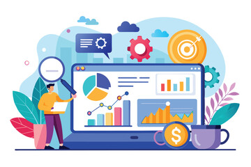 An illustration of a business analyst working on financial data and charts on a laptop computer.