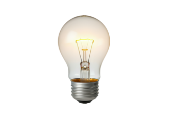 A floating light bulb with a glowing filament, on a solid white background