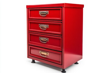 Fototapeta premium Red Metal Four Drawer Cabinet Isolated on White - Stylish red metal cabinet, four drawers, vintage appeal, storage solution, home organization. Symbolizing: functionality, , organization