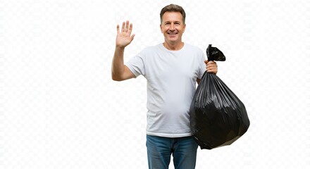 A man, full of environmental consciousness, waves hello while holding a large trash bag, symbolizing waste management and promoting ecological well-being. 