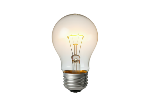 A floating light bulb with a glowing filament, on a solid white background