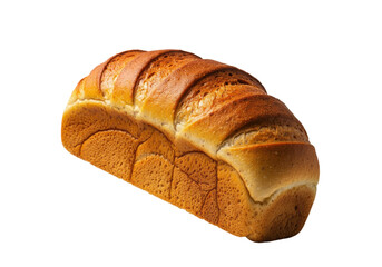 A floating loaf of bread with a golden crust, on a solid white background
